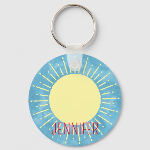 Yellow Sunshine In Blue Sky Custom Name  Keychain