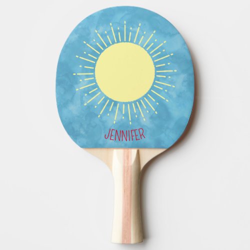 Yellow Sunshine In Blue Sky Custom Name  Ping Pong Paddle