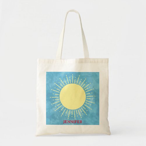 Yellow Sunshine In Blue Sky Custom Name  Tote Bag