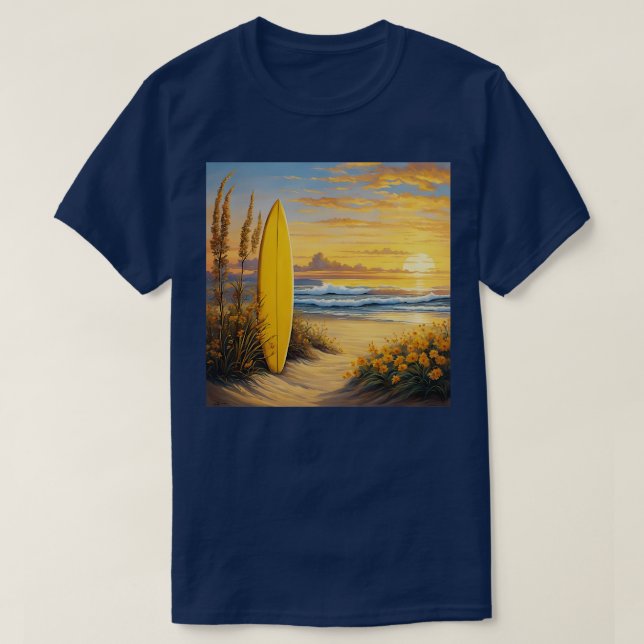 Yellow Surfboard in the sand at the beach TShirt (Design Front)