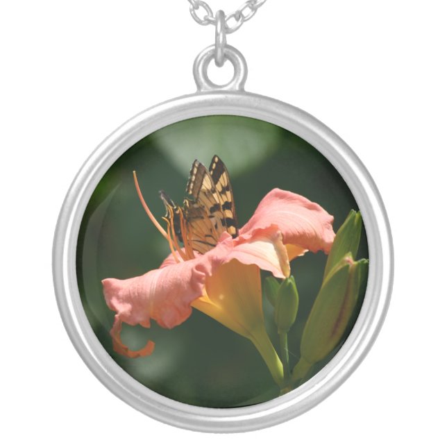 Yellow Swallow Tail Butterfly in a lily.  Silver Plated Necklace (Front)