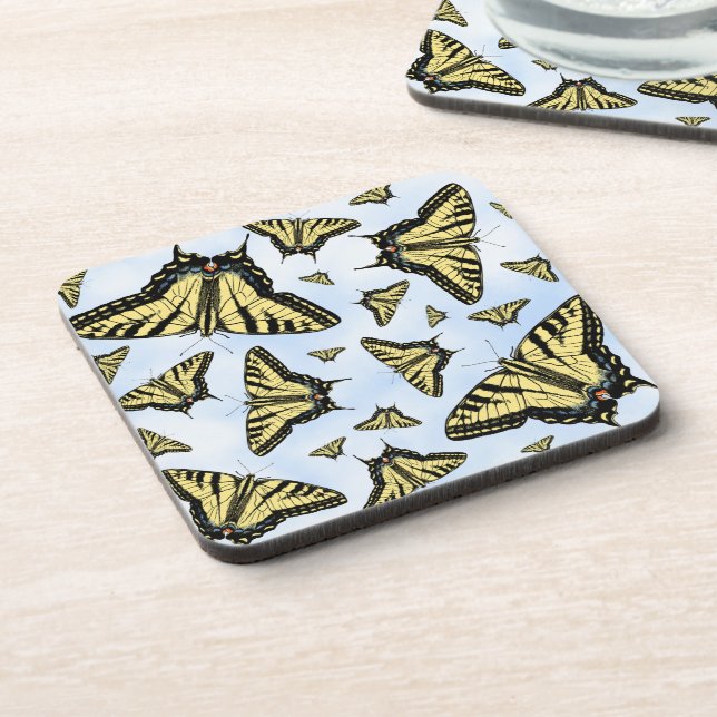 Yellow Swallowtail Butterflies Blue Sky Custom Beverage Coaster (Left Side)