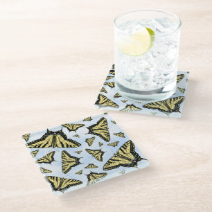 Yellow Swallowtail Butterflies Blue Sky Custom Glass Coaster