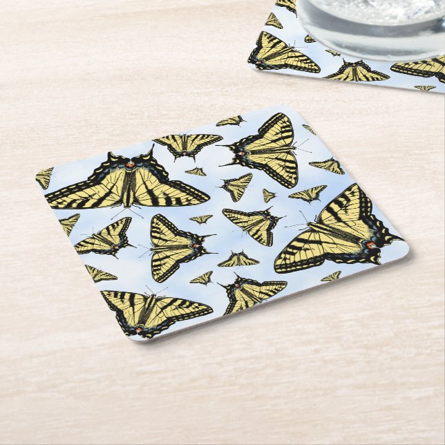 Yellow Swallowtail Butterflies Blue Sky Custom Square Paper Coaster (Angled)