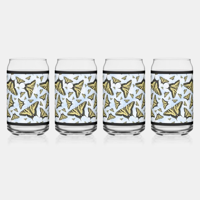 Yellow Swallowtail Butterflies on Blue Sky Can Glass (Front)