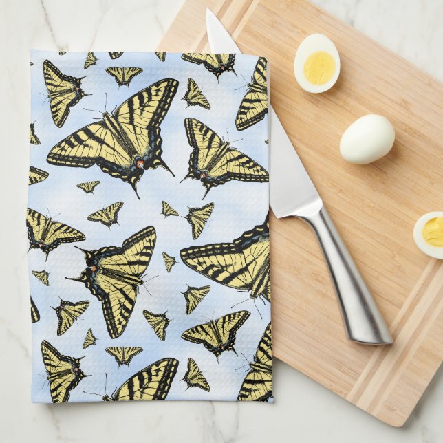 Yellow Swallowtail Butterflies on Blue Sky Pattern Kitchen Towel (Quarter Fold)