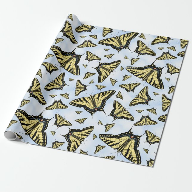 Yellow Swallowtail Butterflies On Blue Sky Pattern Wrapping Paper (Unrolled)