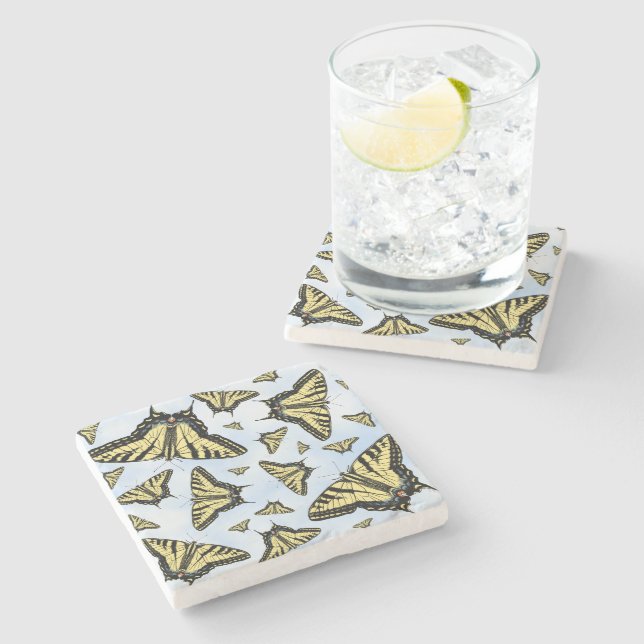 Yellow Swallowtail Butterflies on Blue Sky Stone Coaster (Side)