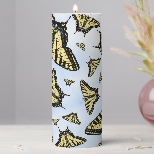 Yellow Swallowtail Butterflies Pattern Blue Sky  Pillar Candle (In Situ)