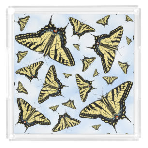 Yellow Swallowtail Butterflies Pattern on Blue Sky Acrylic Tray