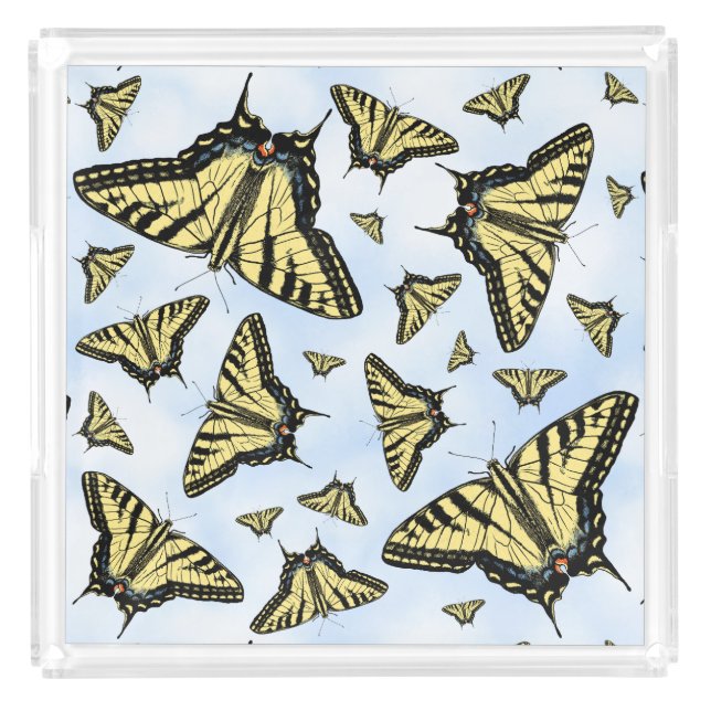 Yellow Swallowtail Butterflies Pattern on Blue Sky Acrylic Tray (Front)