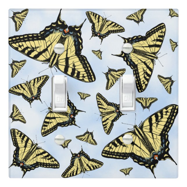 Yellow Swallowtail Butterflies Pattern on Blue Sky Light Switch Cover (In Situ)