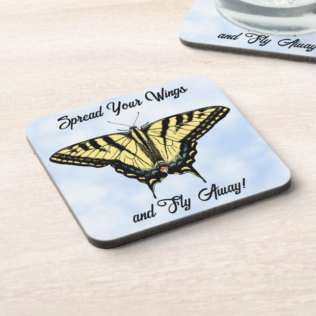 Yellow Swallowtail Butterfly Blue Sky Personalized Beverage Coaster (Left Side)