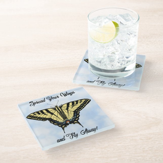 Yellow Swallowtail Butterfly Blue Sky Personalized Glass Coaster (Angled)
