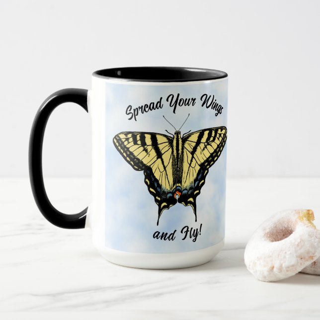 Yellow Swallowtail Butterfly Blue Sky Personalized Mug (With Donut)