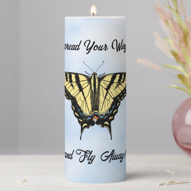 Yellow Swallowtail Butterfly Blue Sky Personalized Pillar Candle (In Situ)