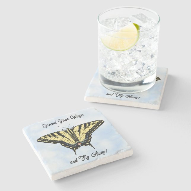 Yellow Swallowtail Butterfly Blue Sky Personalized Stone Coaster (Side)