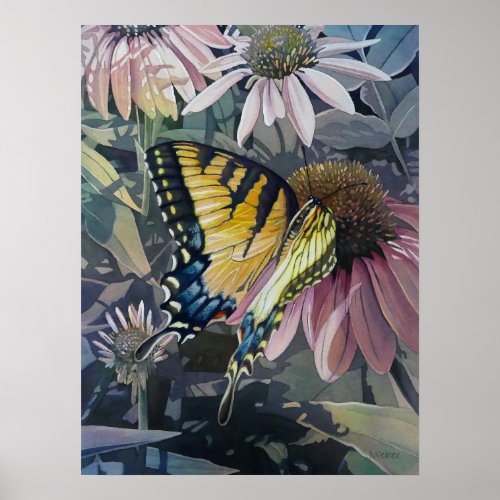 Yellow Swallowtail Butterfly Coneflower Art 18x24 Poster