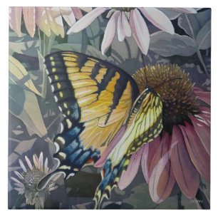 Yellow Swallowtail Butterfly Coneflower Watercolor Ceramic Tile