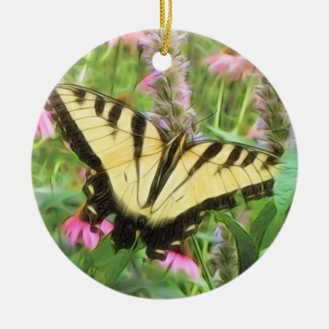 Yellow Swallowtail Butterfly in Summer Garden Ceramic Ornament (Front)