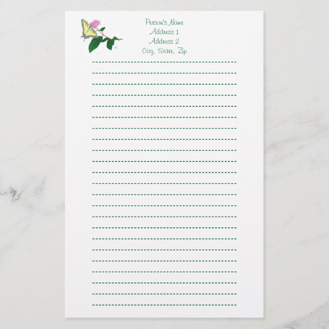 Yellow Swallowtail Butterfly Lined Stationery (Front)
