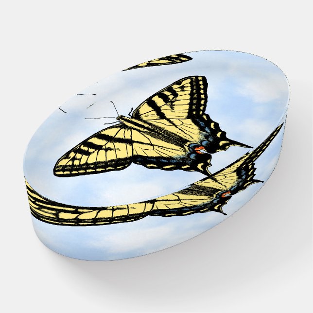 Yellow Swallowtail Butterfly on Blue Cloud Sky Paperweight (Angled)