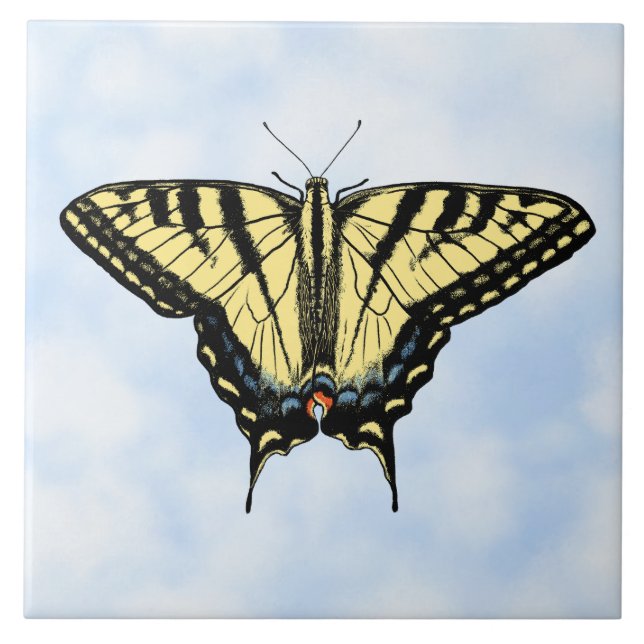 Yellow Swallowtail Butterfly on Blue Sky Custom Ceramic Tile (Front)