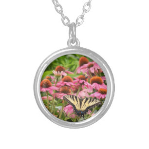Yellow Swallowtail Butterfly on Echinacea  Silver Plated Necklace