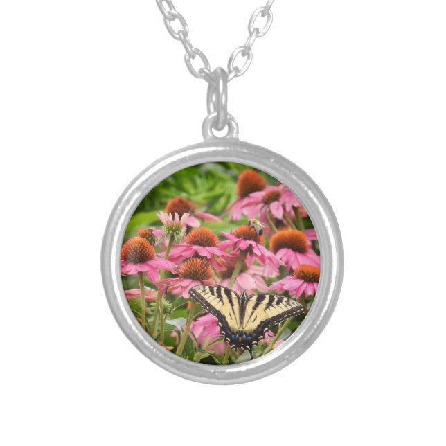 Yellow Swallowtail Butterfly on Echinacea  Silver Plated Necklace (Front)