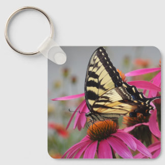 Yellow Swallowtail butterfly on Pink Echinacea Keychain