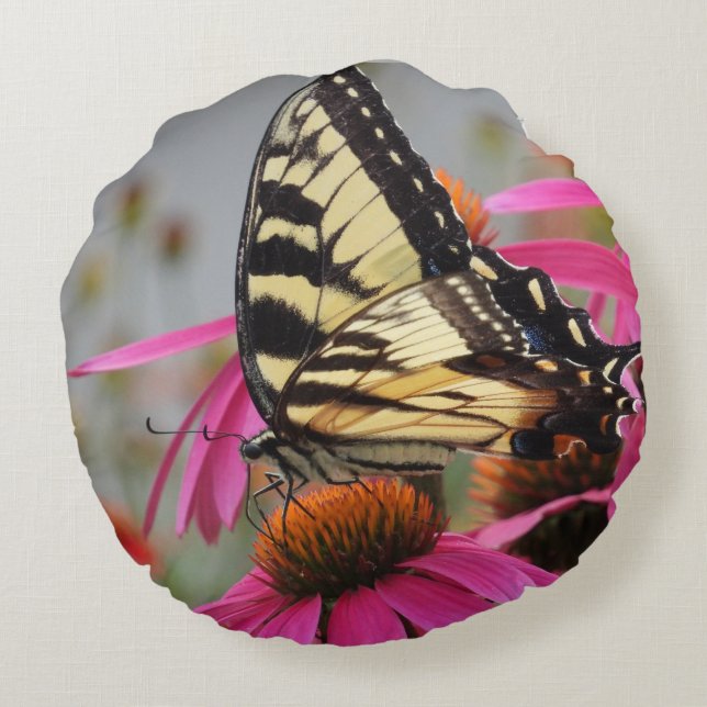 Yellow Swallowtail butterfly on Pink Echinacea  Round Pillow (Back)
