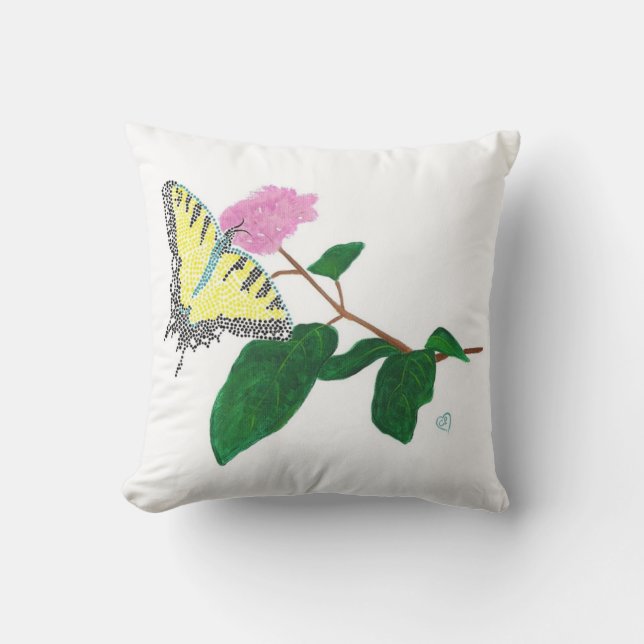 Yellow Swallowtail Butterfly on Pink Flower Pillow (Front)