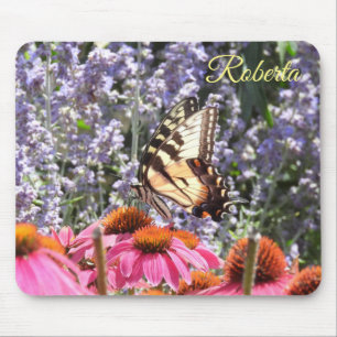 Yellow Swallowtail Butterfly, Pink n Purple Flower Mouse Pad