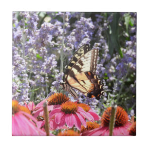Yellow Swallowtail Butterfly Pink N Purple Flowers Ceramic Tile