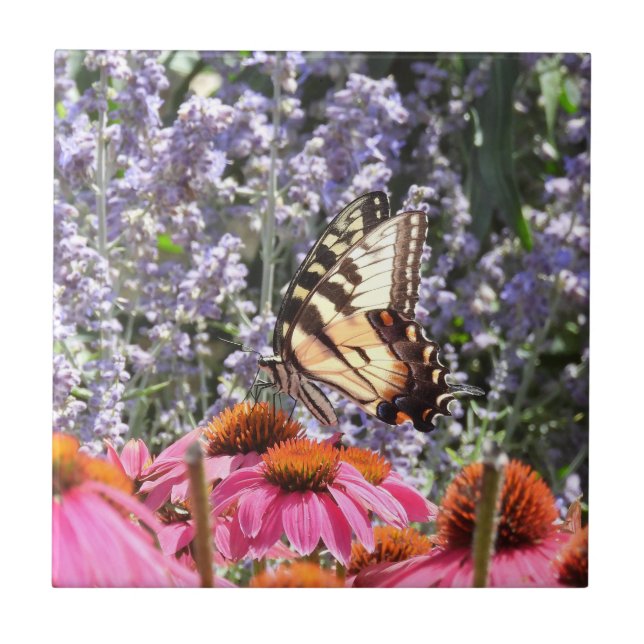 Yellow Swallowtail Butterfly Pink N Purple Flowers Ceramic Tile (Front)