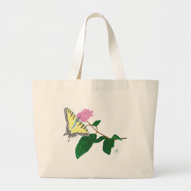 Yellow Swallowtail Pointillism Butterfly Flower Large Tote Bag (Front)
