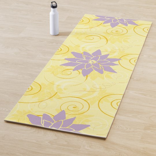 Yellow Swirls & Purple Lotus Flowers Pattern Yoga Mat