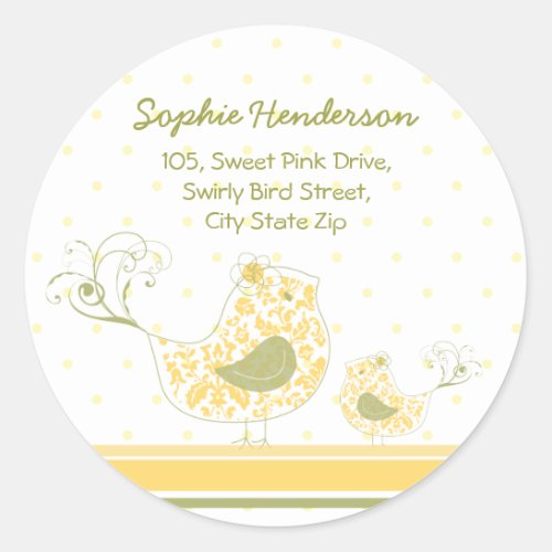 Yellow Swirly Mom Baby Bird Address Label Sticker