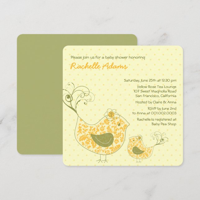 Yellow Swirly Mom & Baby Bird Baby Shower Invite (Front/Back)