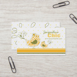 Yellow Swirly Whimsical Damask Mommy And Baby Bird Business Card