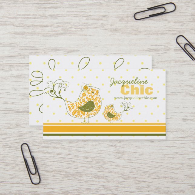 Yellow Swirly Whimsical Damask Mommy And Baby Bird Business Card (Front/Back In Situ)