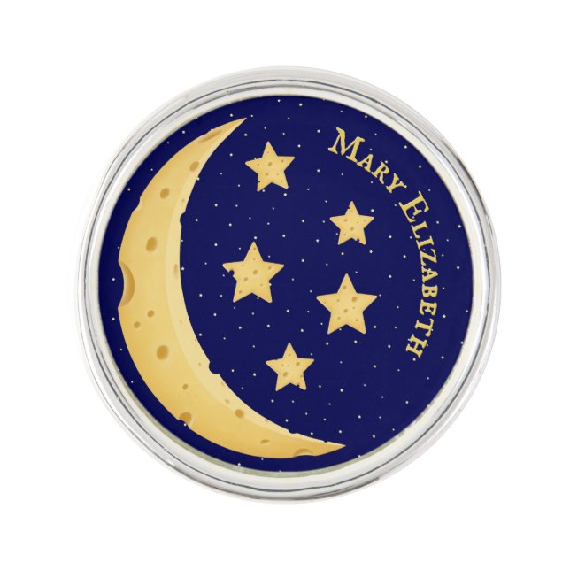 Yellow Swiss Cheese Moon & Stars Fanciful Custom Lapel Pin (Front)