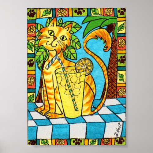 Yellow Tabby Cat  Glass of Lemonade Mini Folk Art Poster