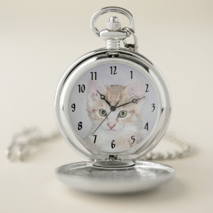Yellow Tabby Cat Painting - Cute Original Cat Art Pocket Watch