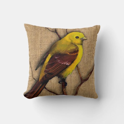 Yellow Tanager Bird on Burlap Branches Artwork Throw Pillow