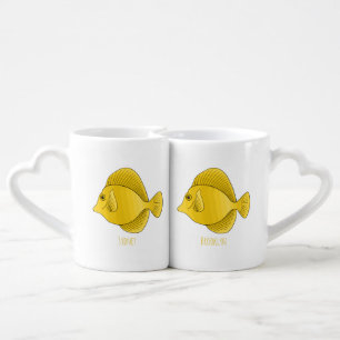 Yellow tang fish cartoon illustration coffee mug set