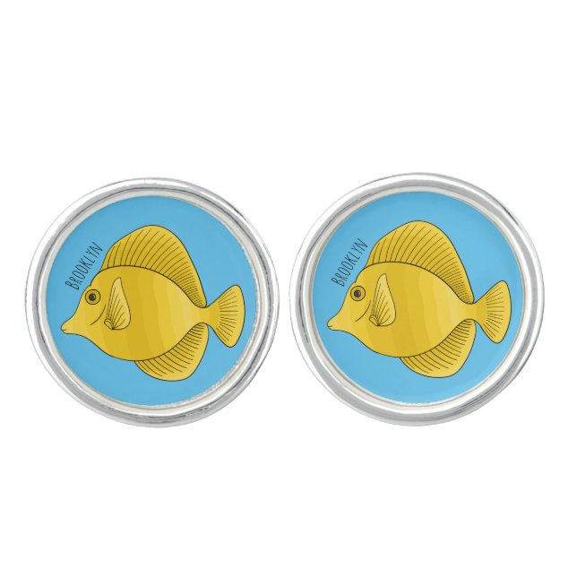 Yellow tang fish cartoon illustration  cufflinks (Front)