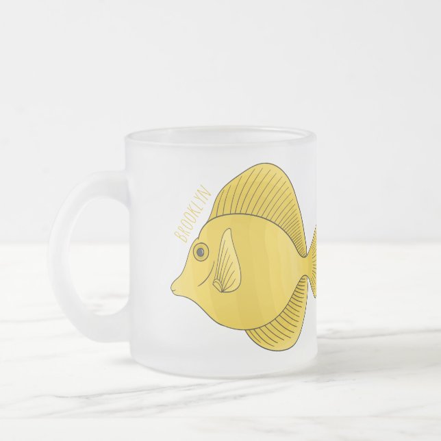 Yellow tang fish cartoon illustration  frosted glass coffee mug (Left)