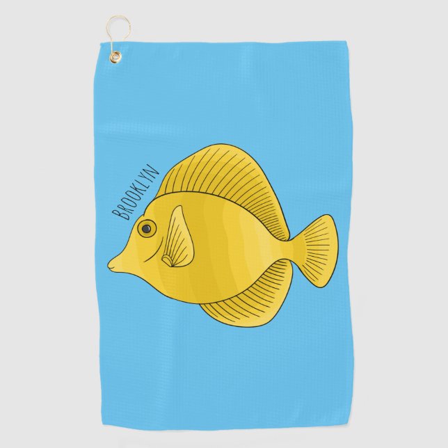 Yellow tang fish cartoon illustration golf towel (Front)