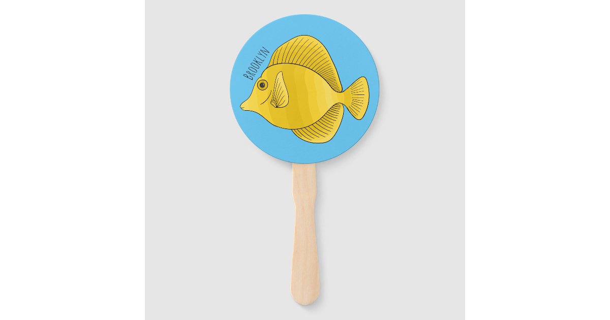 Yellow tang fish cartoon illustration hand fan | Zazzle
